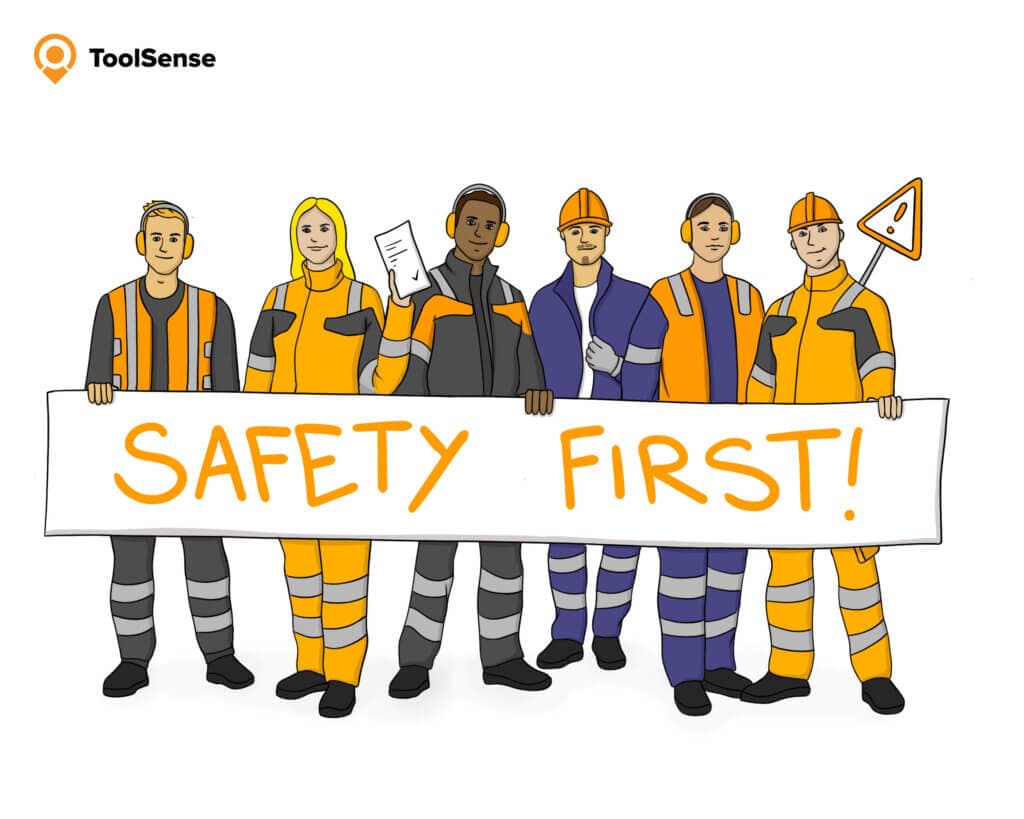 Travailleurs miniers avec affiche safety first