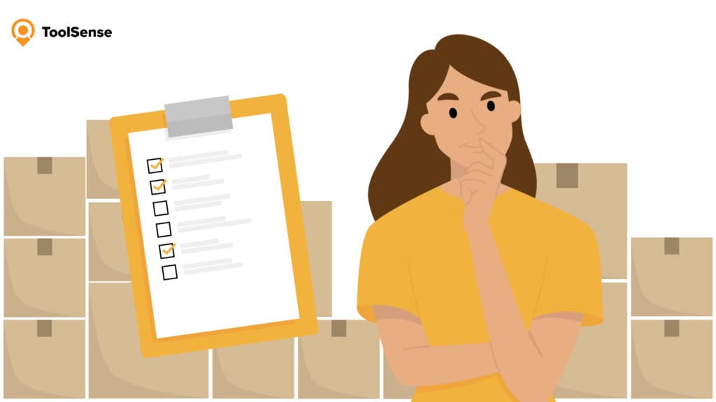 Illustration showing a woman with a clipboard and a checklist in front of a lot of packages.