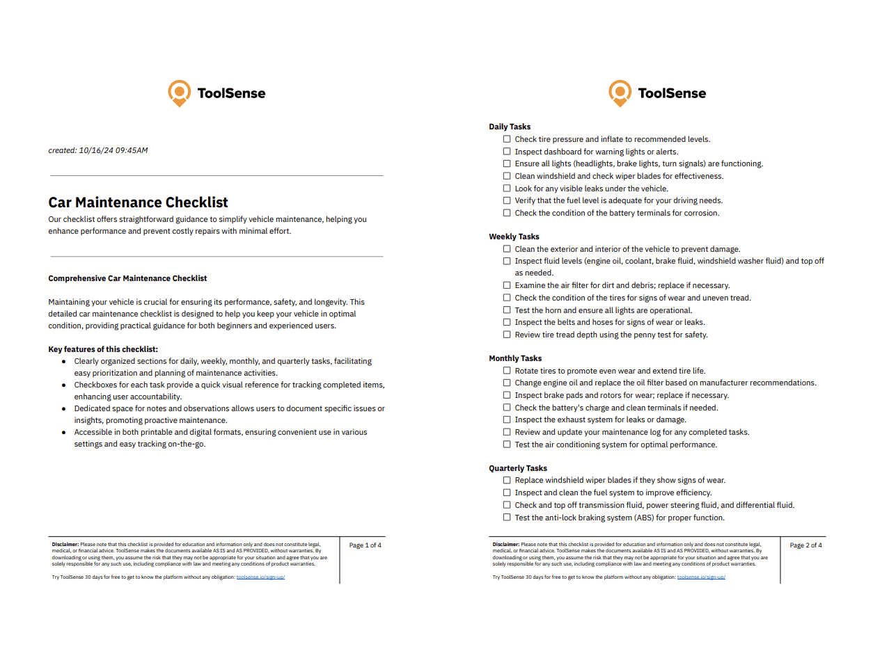 Vorschau der Auto-Wartungs-Checkliste von ToolSense
