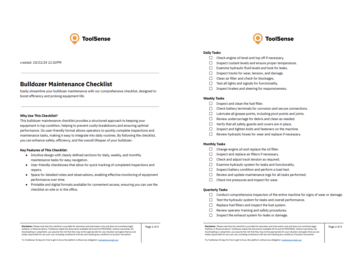 Bulldozer-Leistung mit unserer umfassenden Wartungs-Checkliste sichern