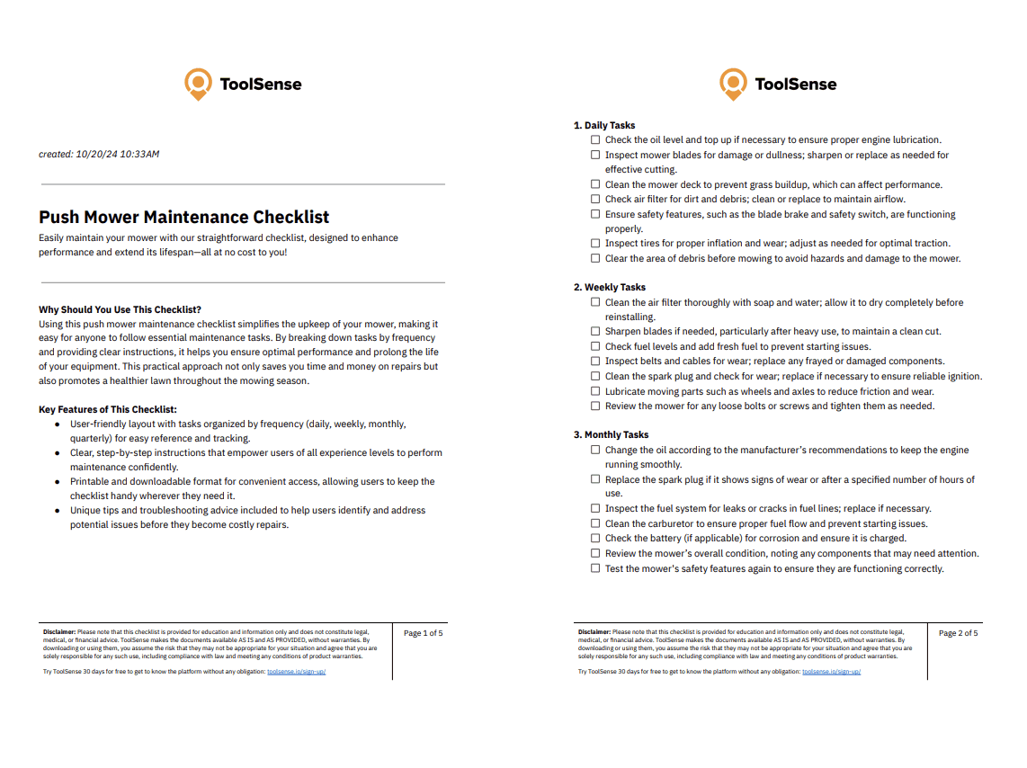Vorschau der Handrasenmäher-Wartungs-Checkliste von ToolSense