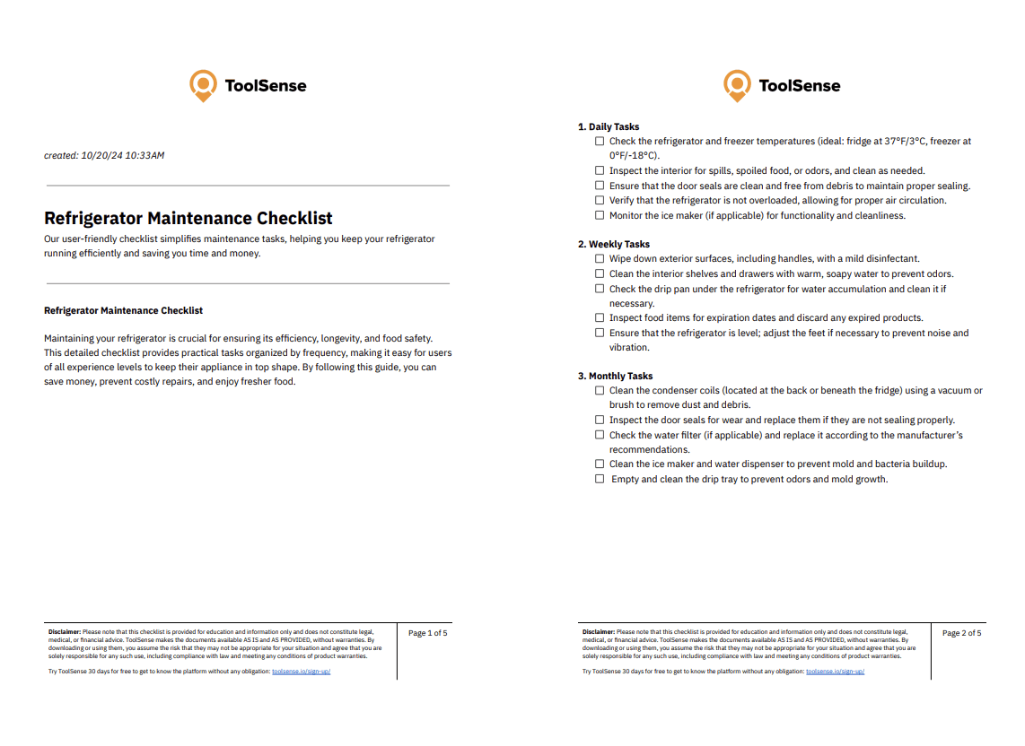 Refrigerator maintenance checklist preview from ToolSense