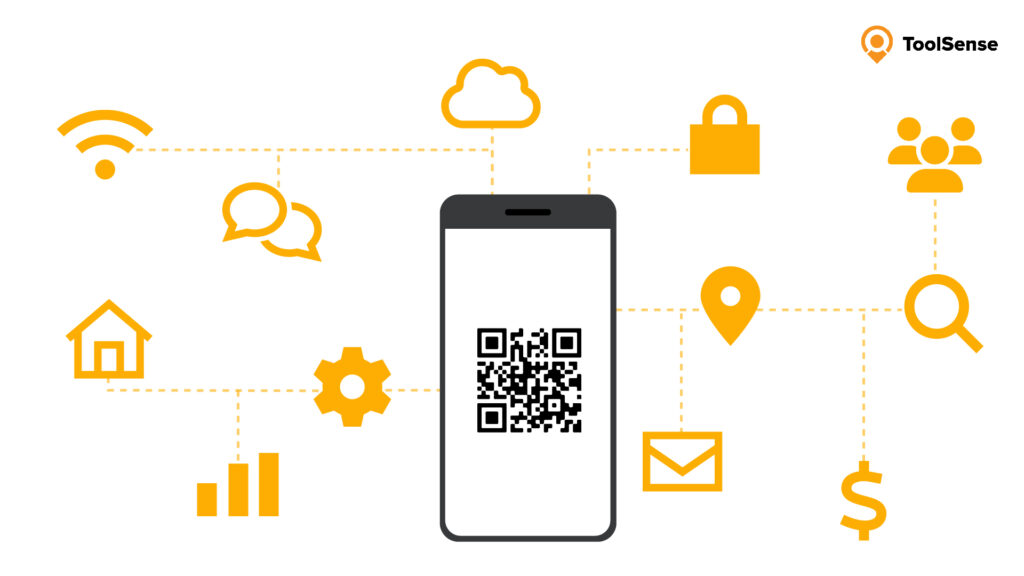 Illustration showing a smartphoe with a QR-Code connected to a lot of different icons.