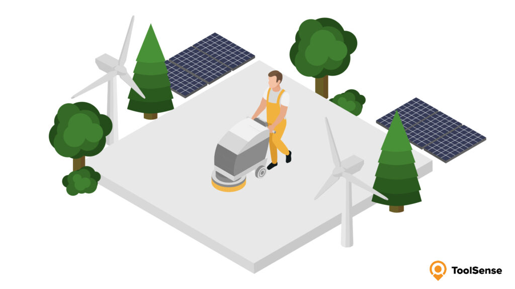 Illustration showing a man with a cleaning machine in the middle of trees, solarpanels and pinwheels.