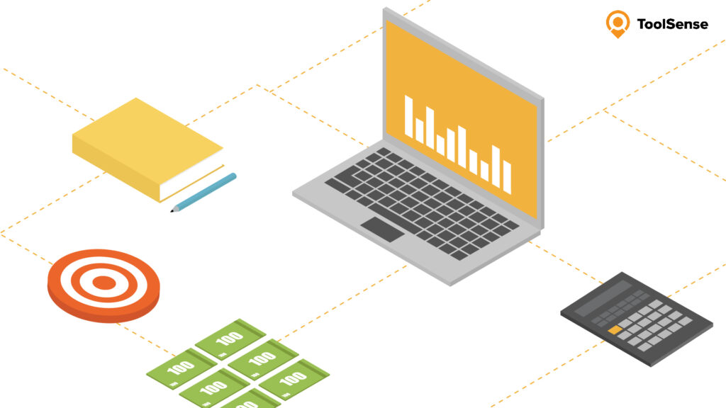 Illustration showing a laptop, money, a book and a calculator all connected together with lines.