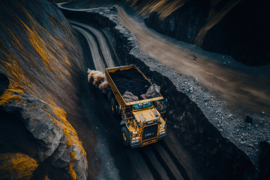Improve equipment maintenance safety with ToolSense: aerial panorama of a coal mine. Big yellow mining truck for a coal quarry in an open pit mine. 