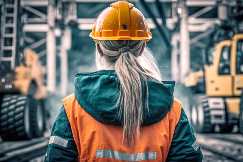 A young female worker wearing a protective helmet and safety gear on a construction site