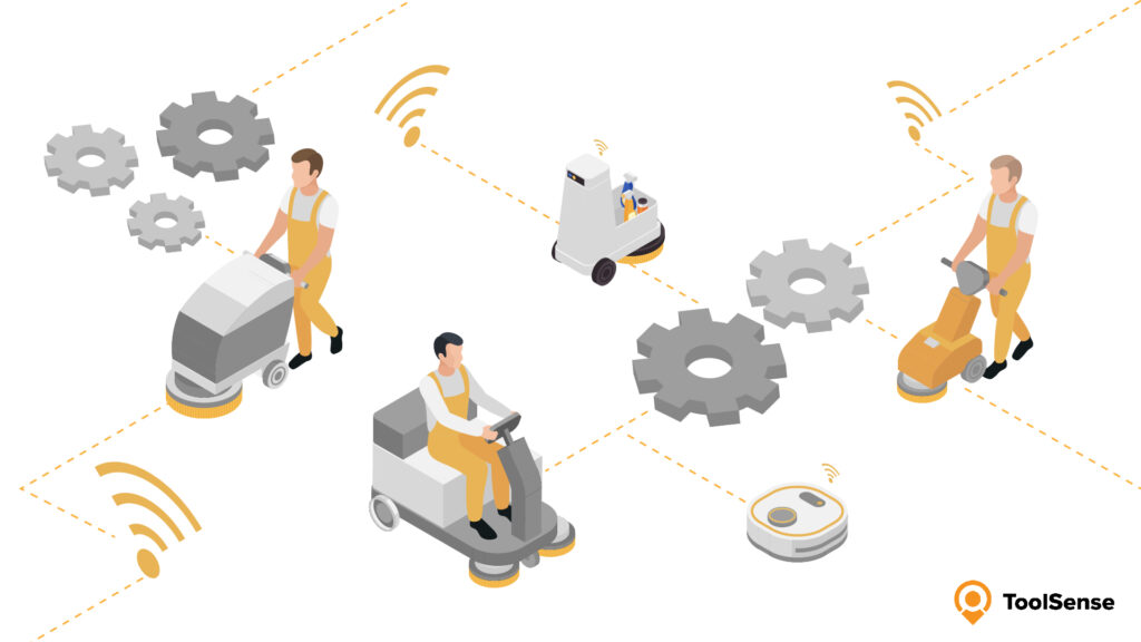 illustration showing a few people using different smart and modern cleaning tools and vehicles. 