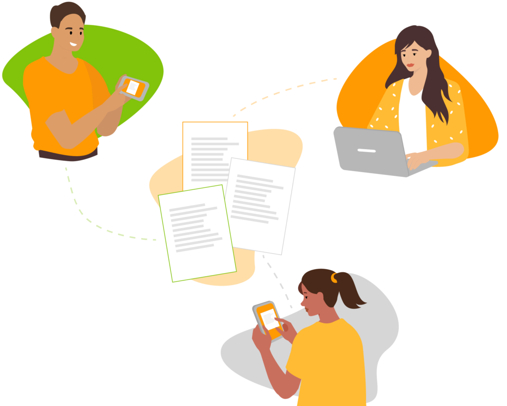 Illustration showing 3 people getting work orders.