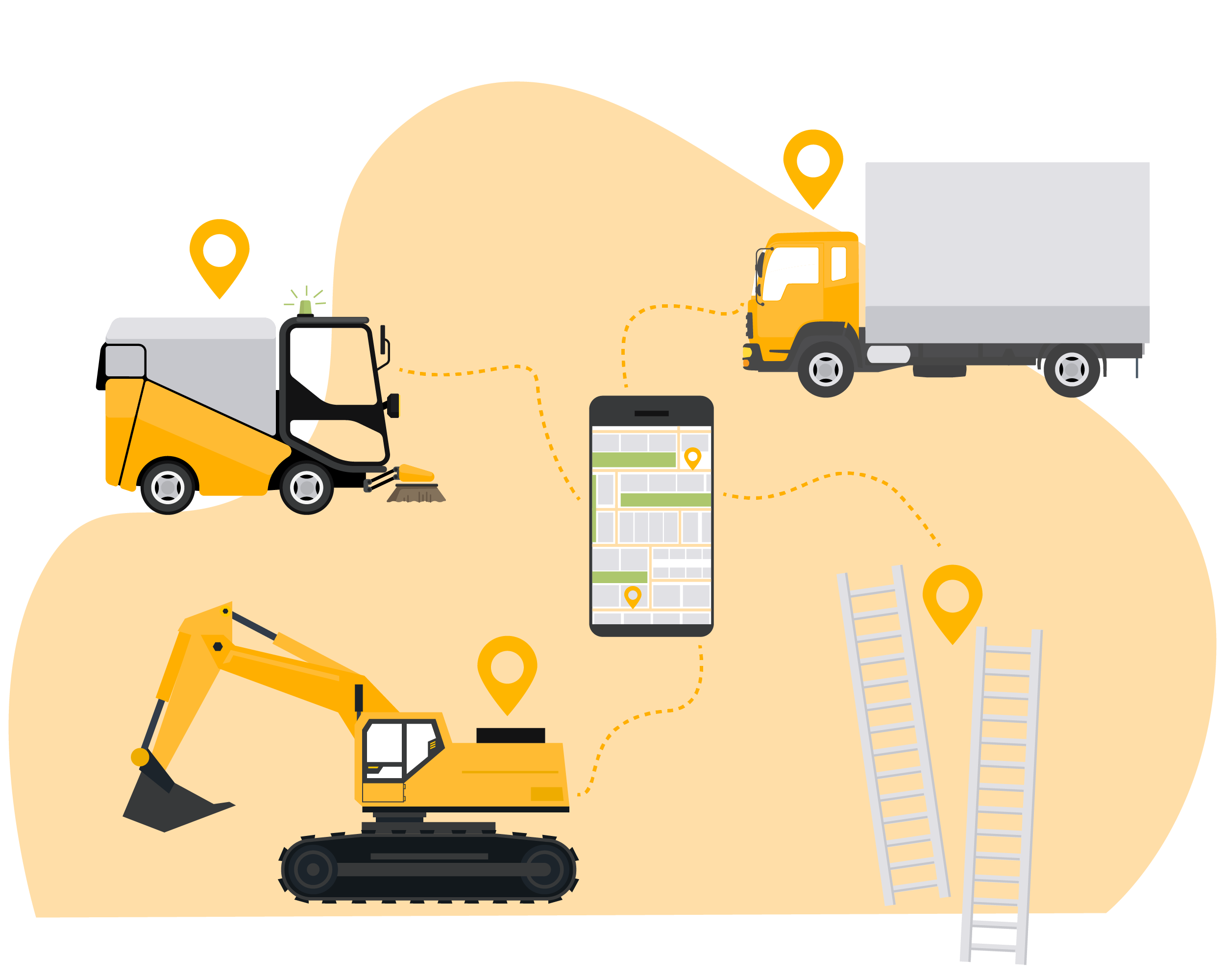 Illustration showing a smarthphone tracking different vehicles and tools.