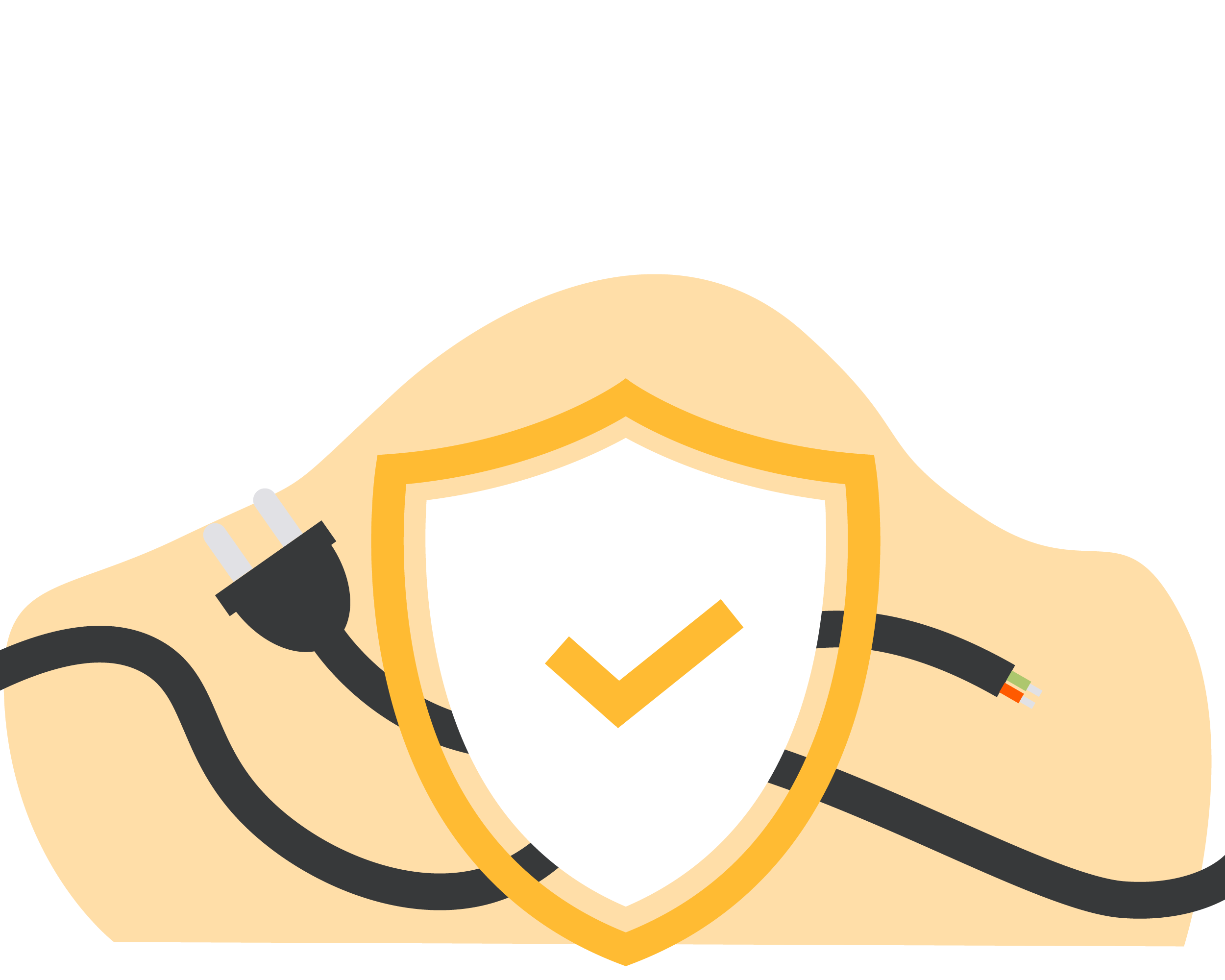 Illustration showing a security shield, a broken cable and a plug.