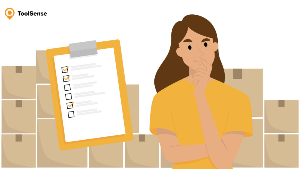 Illustration showing a woman with a clipboard and a checklist in front of a lot of packages. 