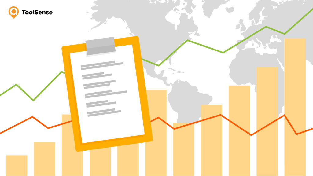 Illustration showing different statistics, a world map and a clipboard.