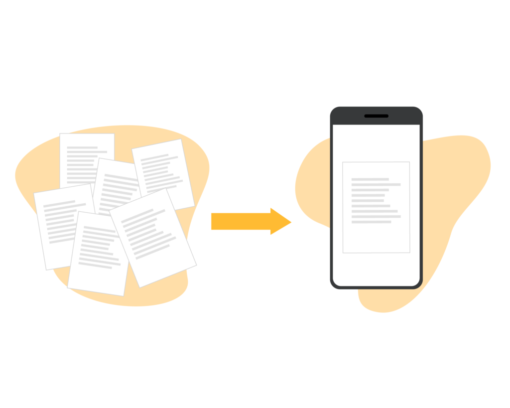 Illustration showing how a lot of different papers getting digitalized.