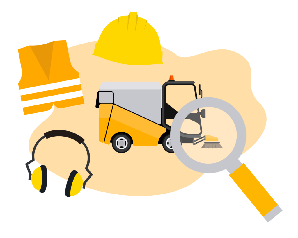 Illustration showing a magnifying glass inspecting different equipment