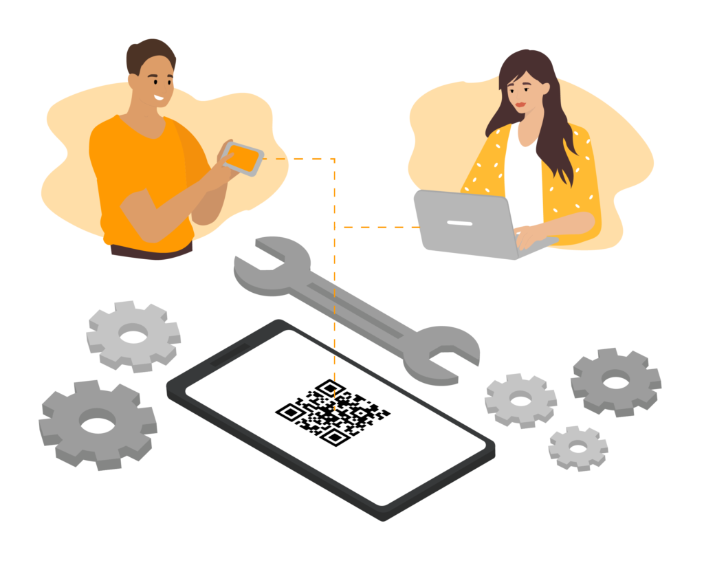 Illustration showing smartphone with a QR-Code and two people using it to work more efficient.