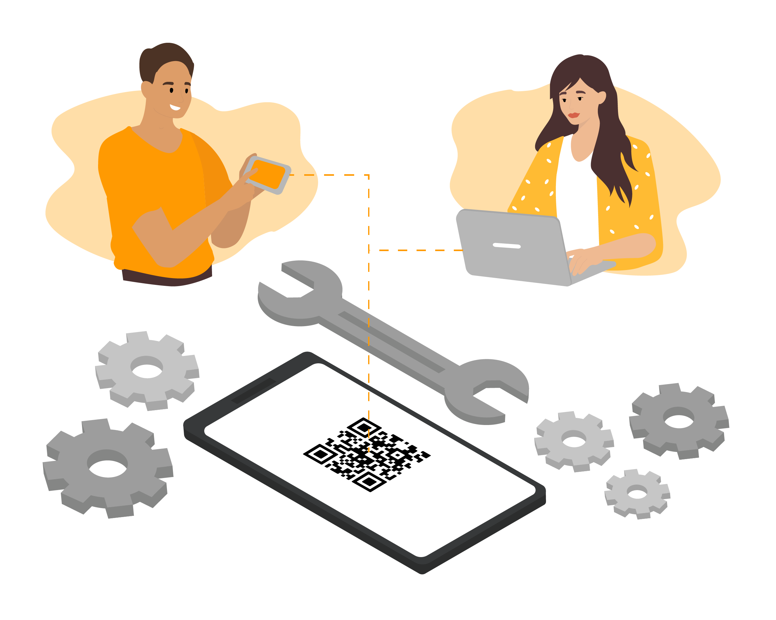 Illustration showing smartphone with a QR-Code and two people using it to work more efficient.
