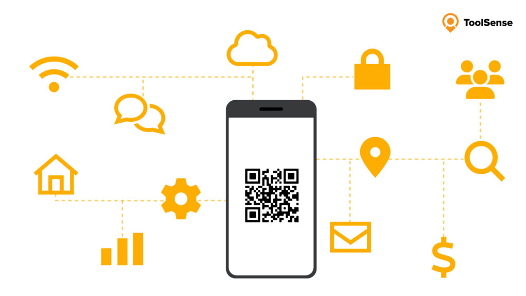 Illustration showing a smartphone with a QR-Code connected to a lot of different Icons.