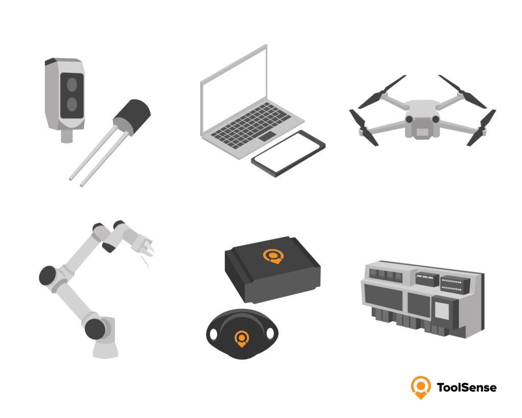 Assortment of IoT devices including sensors, mobile devices, drones, robotics, hardware, and building automation systems. ToolSense trackers are the ideal way to start implementing IoT on your construction sites.