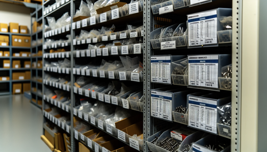 Various spare parts organized on shelves