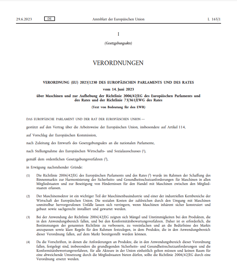 Amtsblatt Europäische Union: Maschinenverordnung 2023