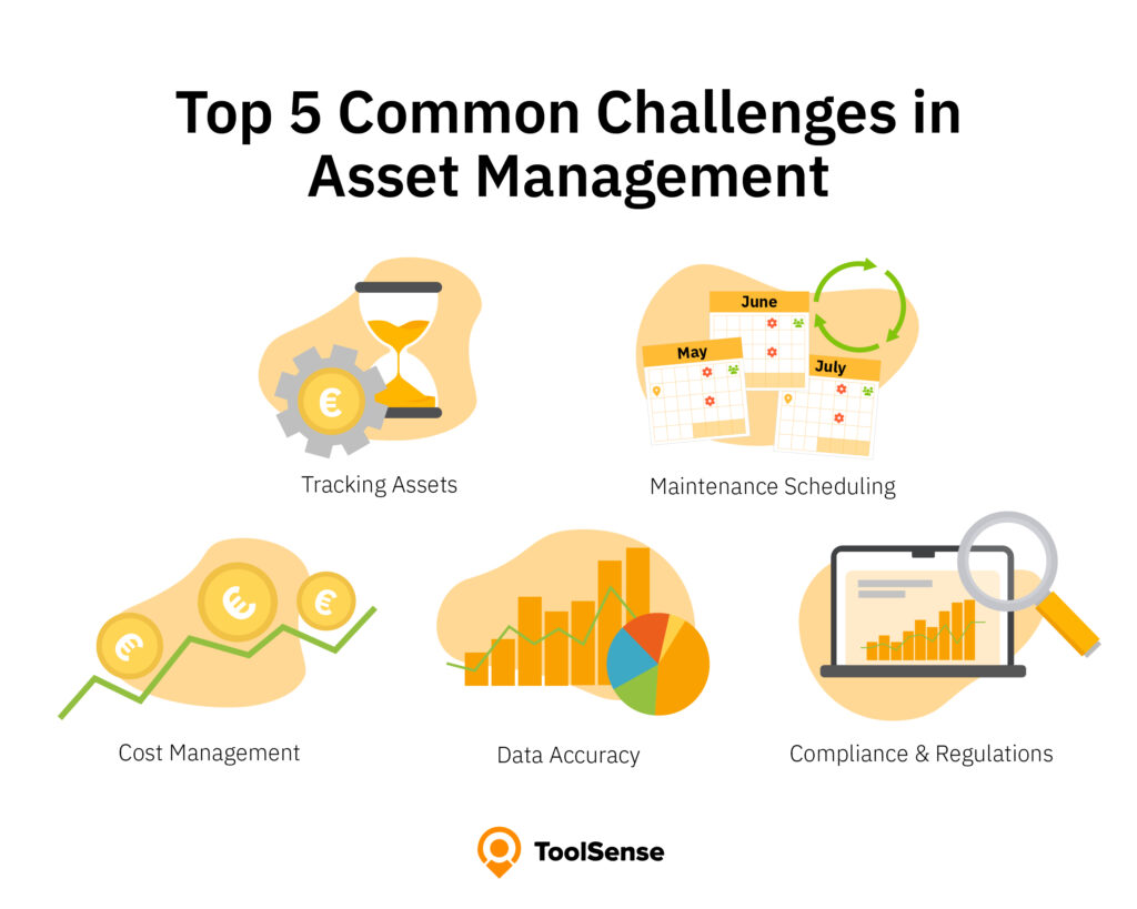 Common challenges include asset inventory tracking, asset maintenance, management of total cost, data management and regulatory compliance.