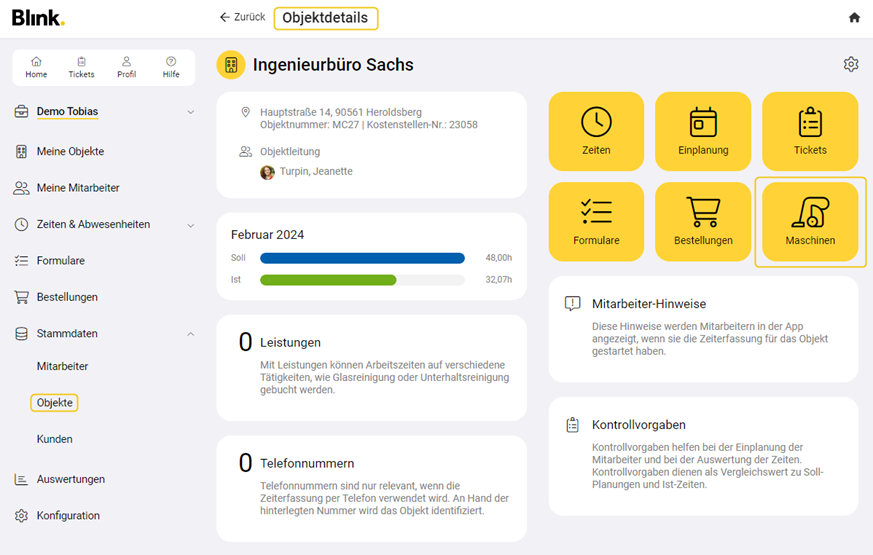 Maschinenmanagement mit ToolSense | Ansicht in Blink