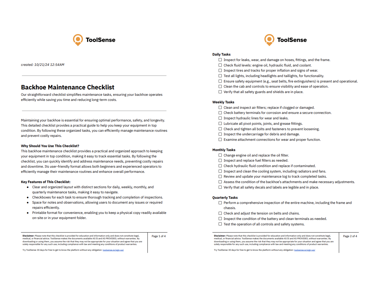 Download Your Free Backhoe Maintenance Checklist