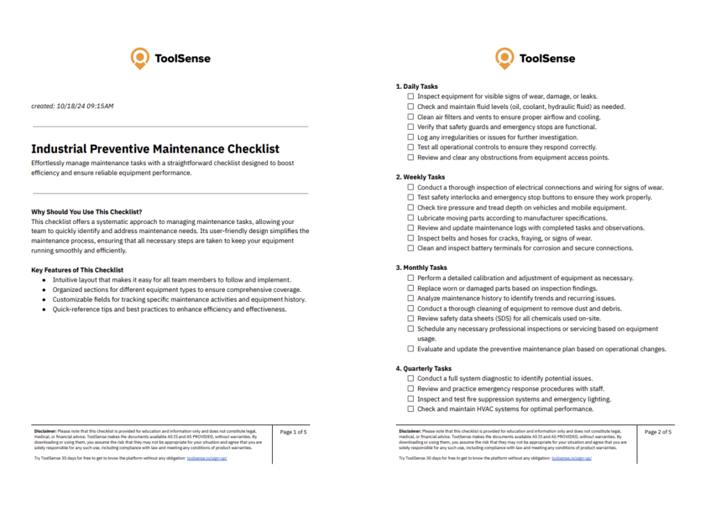 industrial preventive maintenance checklist