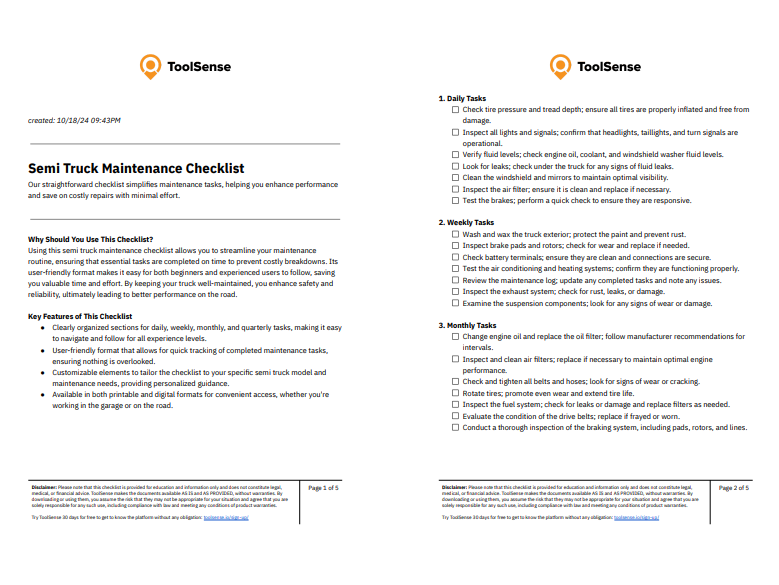 semi truck maintenance checklist