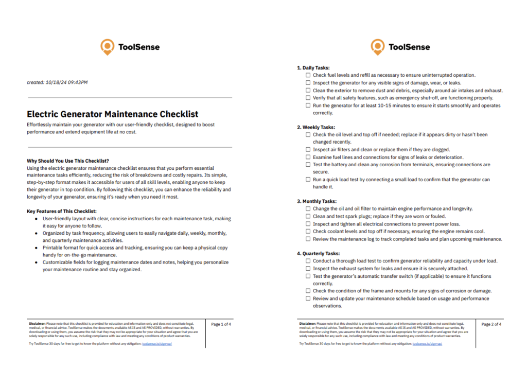 electric generator maintenance checklist