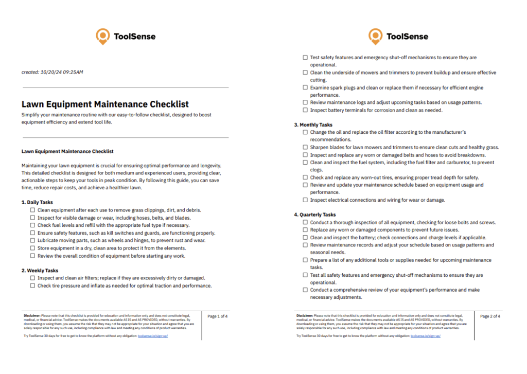 lawn equipment maintenance checklist