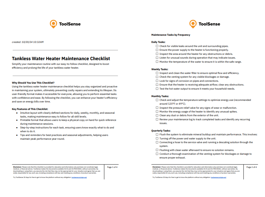 tankless water heater maintenance checklist