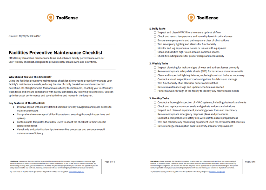 facilities preventive maintenance checklist