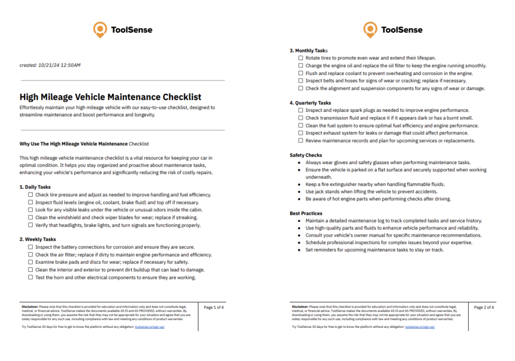 high mileage vehicle maintenance checklist