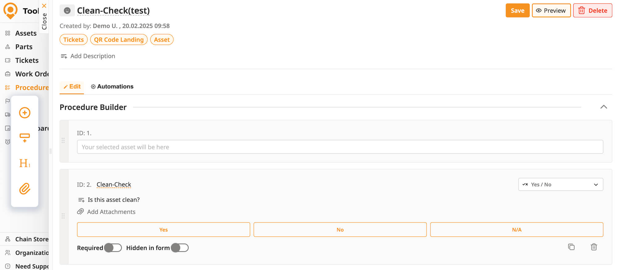 Procedure builder for facility services